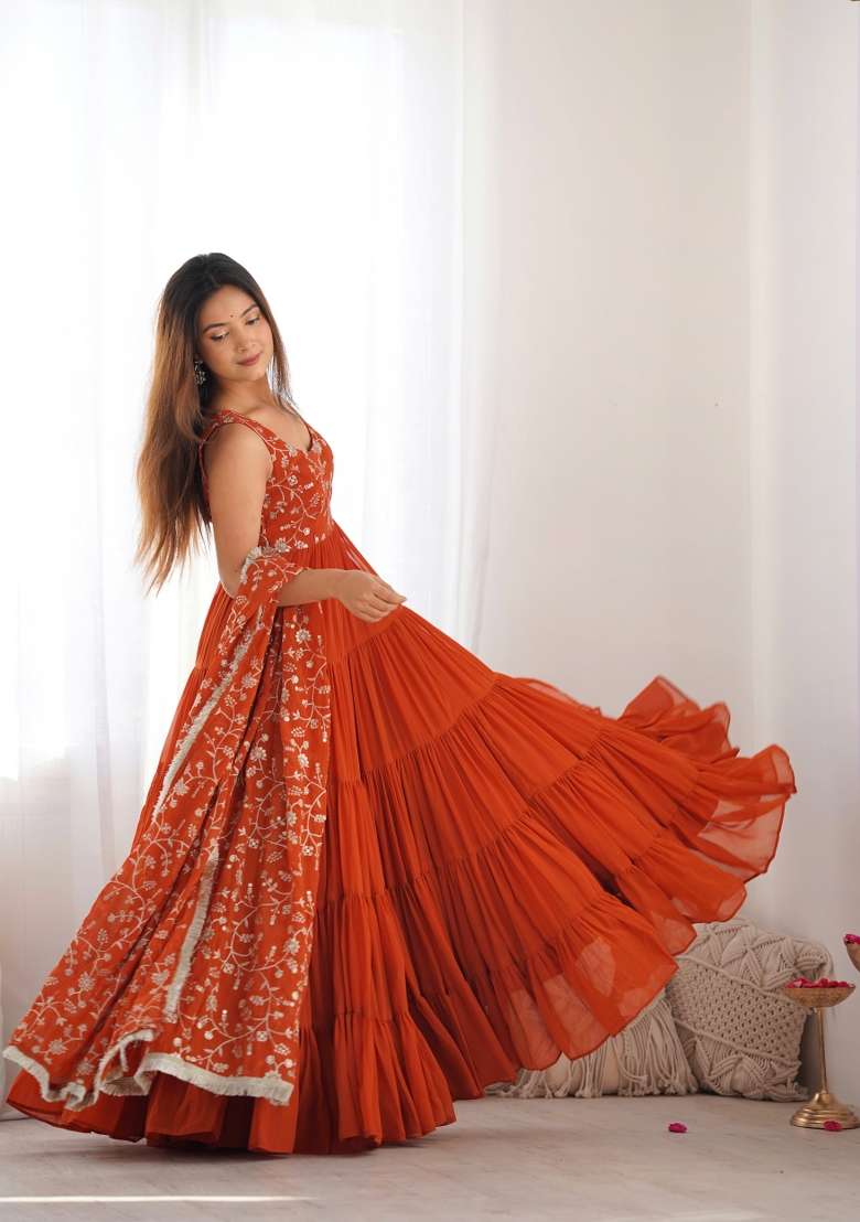 Rust Brown Embroidered Georgette Anarkali Set - Indya