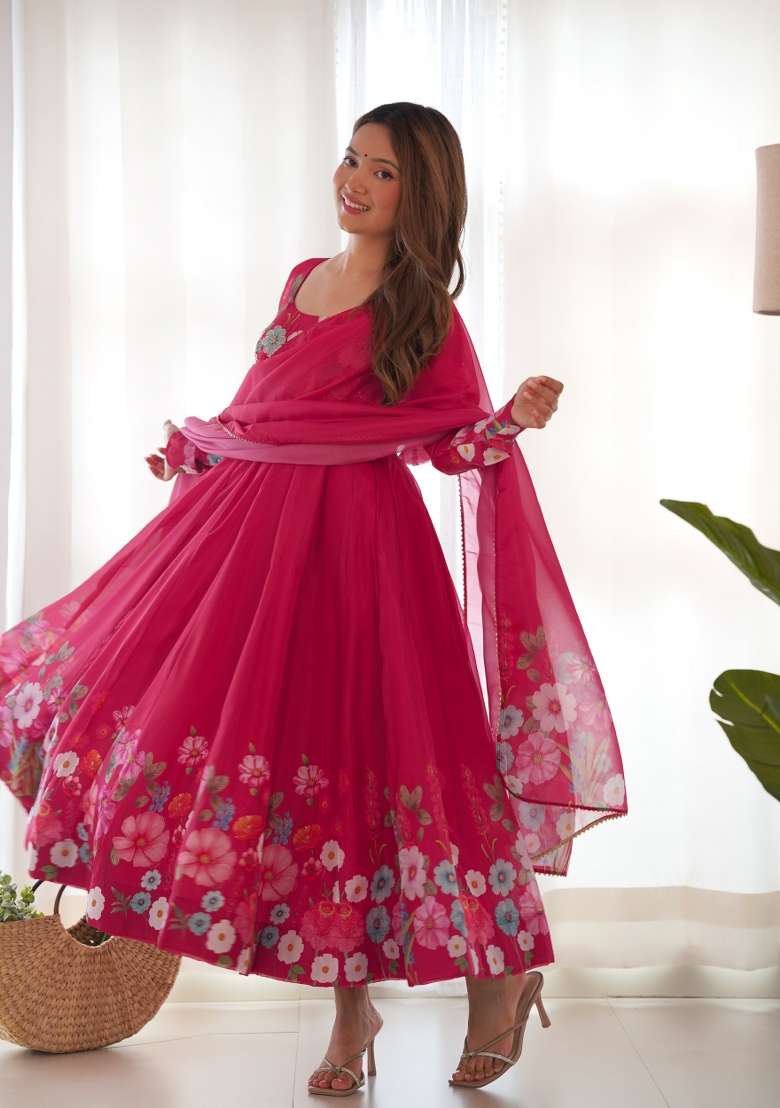 Pink Embroidered Georgette Anarkali Set - Indya