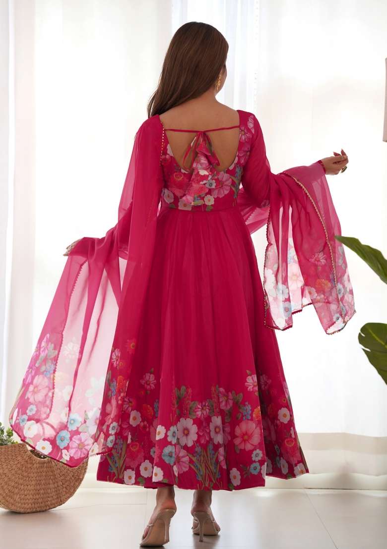 Pink Embroidered Georgette Anarkali Set - Indya