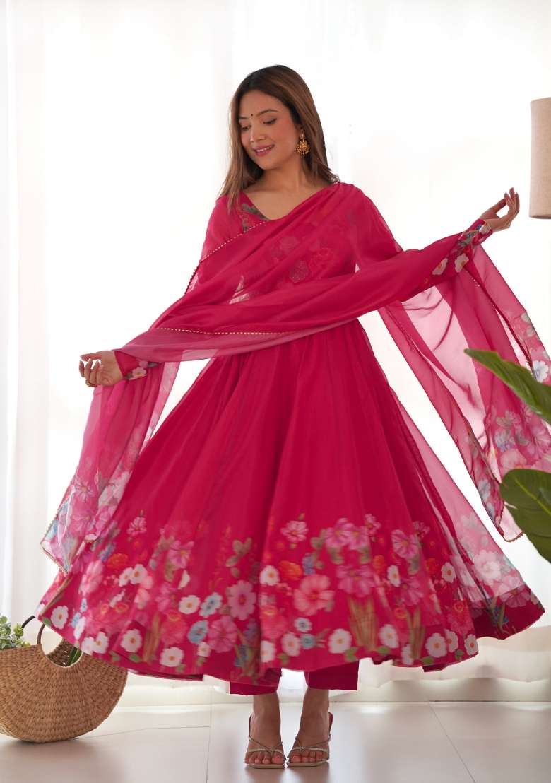 Pink Embroidered Georgette Anarkali Set - Indya