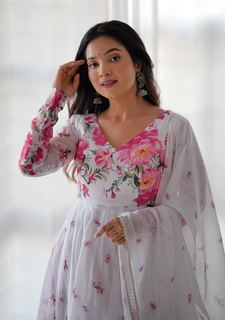 White Printed Georgette Salwar Kameez