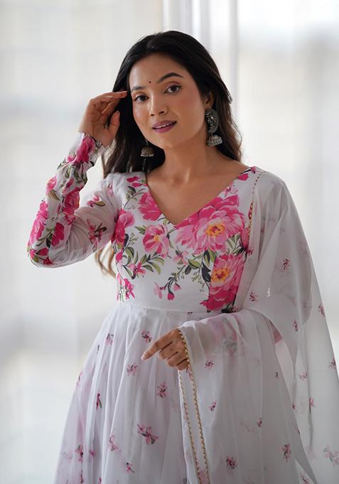 White Printed Georgette Salwar Kameez