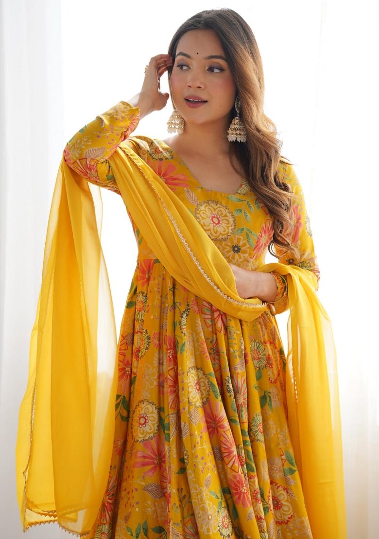 Yellow Printed Georgette Salwar Kameez