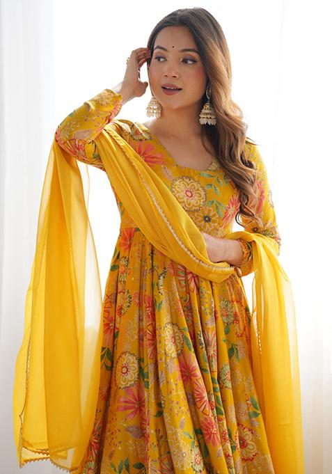 Yellow Printed Georgette Salwar Kameez
