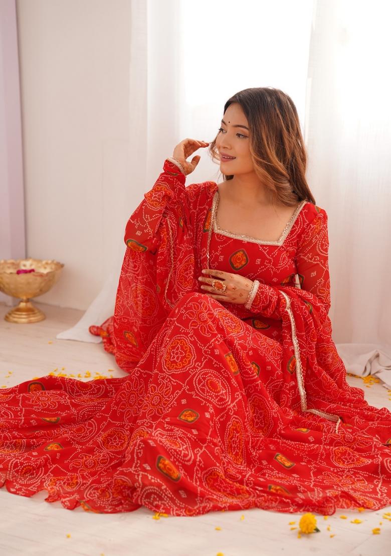 Red Embroidered Georgette Salwar Kameez