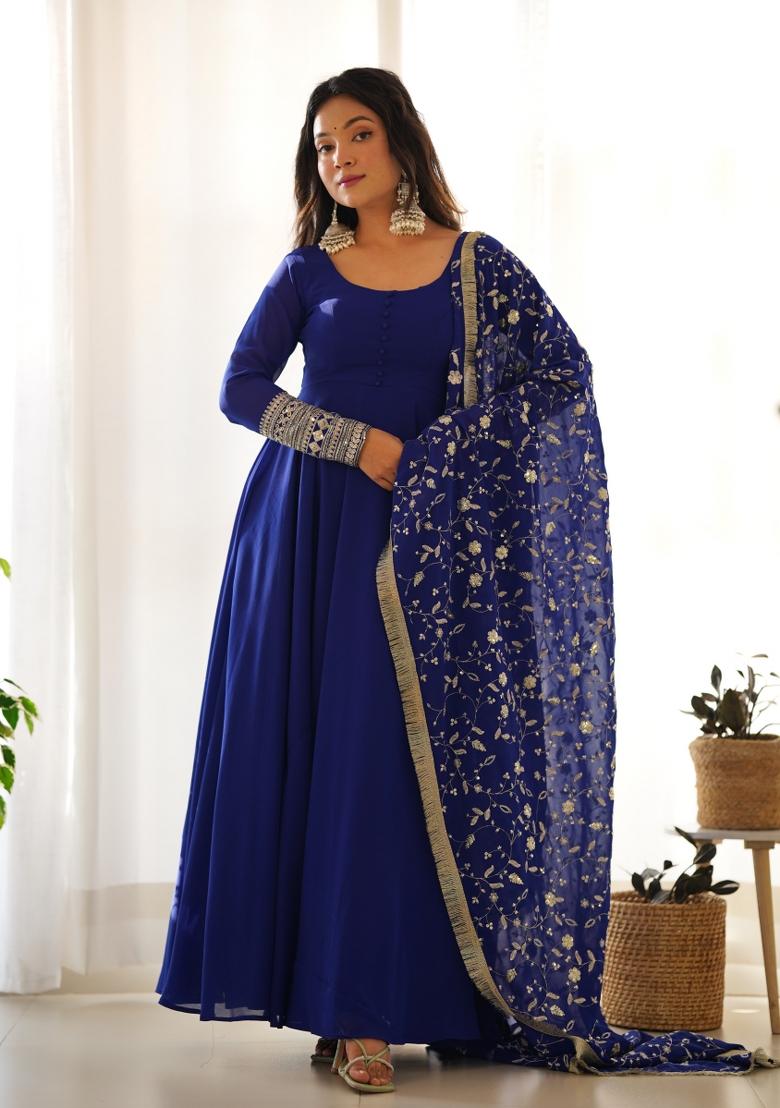 Blue Zari Embroidered Georgette Anarkali Set