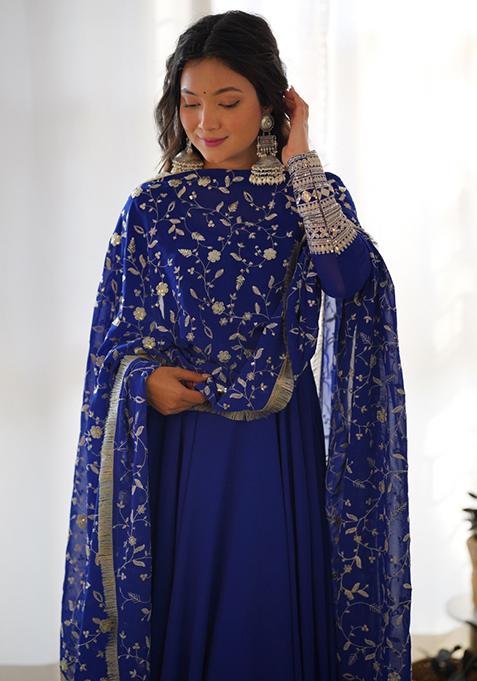 Blue Zari Embroidered Georgette Anarkali Set