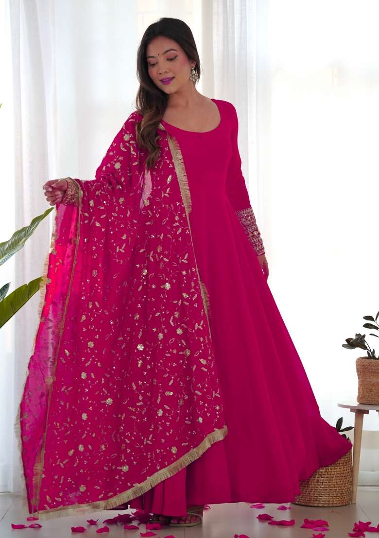 Pink Embroidered Georgette Anarkali Set - Indya