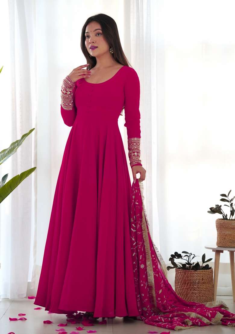 Pink Embroidered Georgette Anarkali Set - Indya