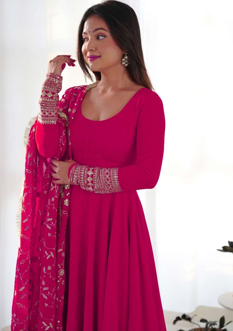 Pink Embroidered Georgette Anarkali Set - Indya