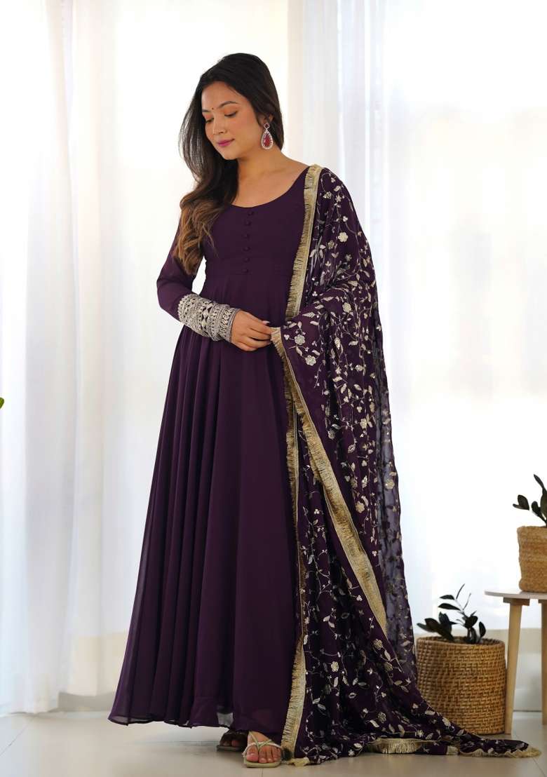 Purple Embroidered Georgette Anarkali Set - Indya