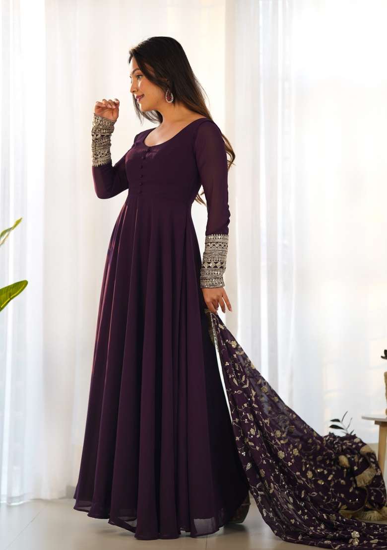 Purple Embroidered Georgette Anarkali Set - Indya