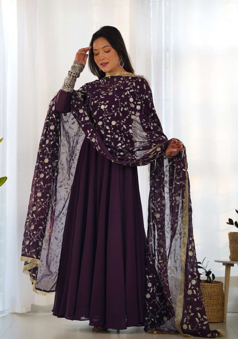 Purple Embroidered Georgette Anarkali Set - Indya