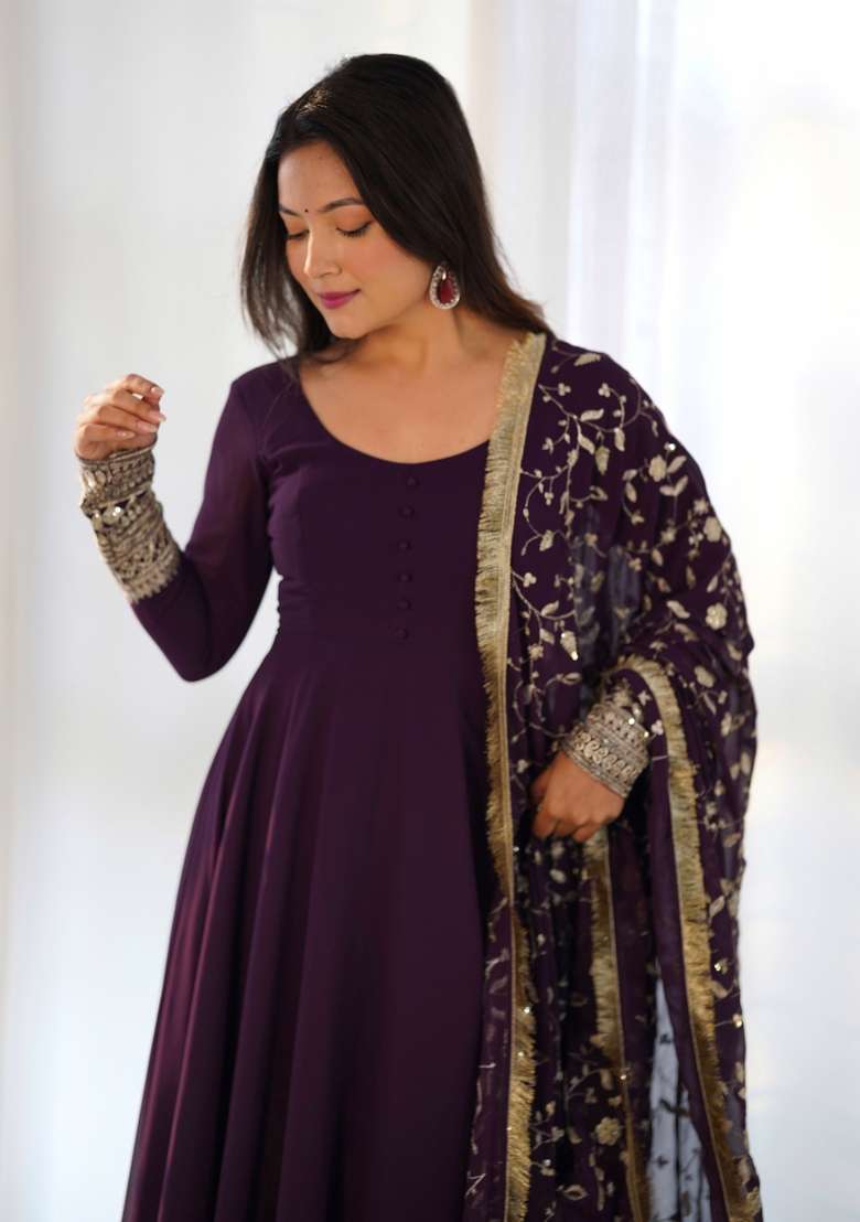 Purple Embroidered Georgette Anarkali Set - Indya