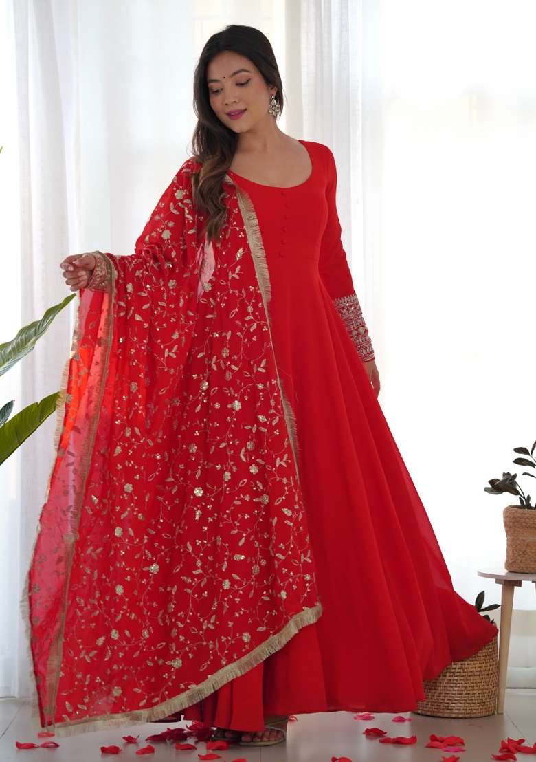 Red Embroidered Georgette Anarkali Set - Indya