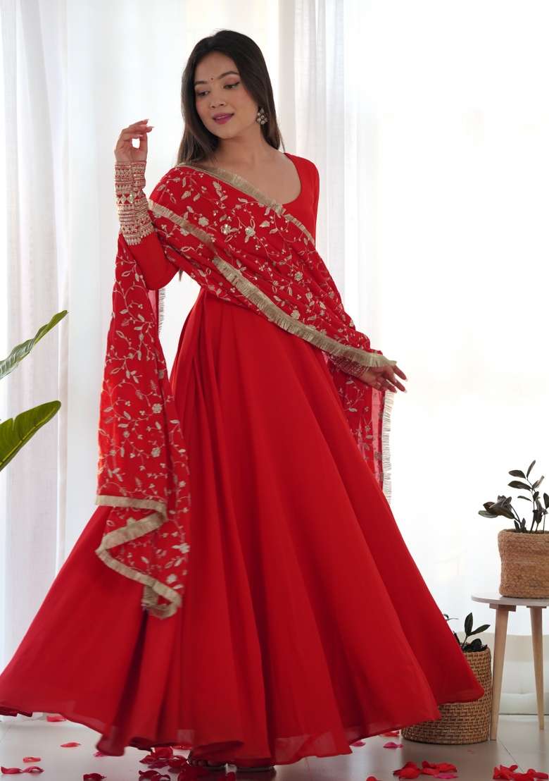 Red Embroidered Georgette Anarkali Set - Indya