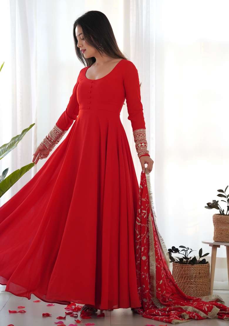 Red Embroidered Georgette Anarkali Set - Indya