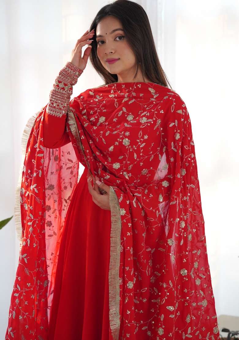 Red Embroidered Georgette Anarkali Set - Indya