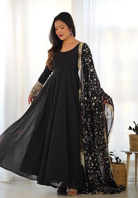 Black Zari Embroidered Georgette Anarkali Set