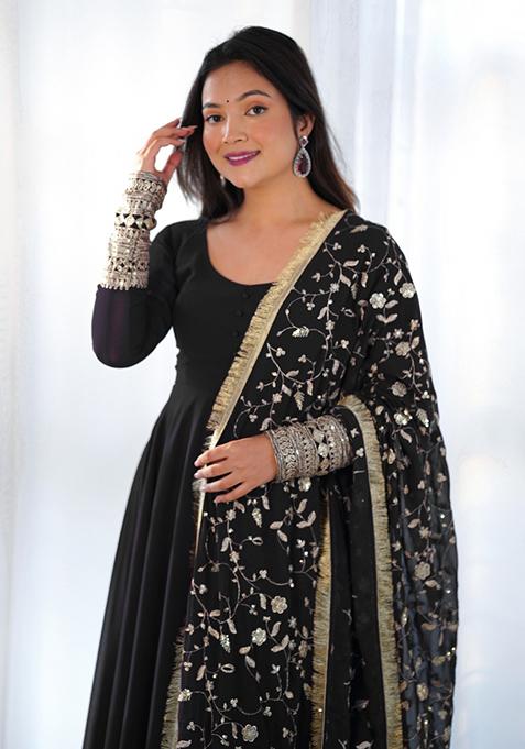 Black Zari Embroidered Georgette Anarkali Set