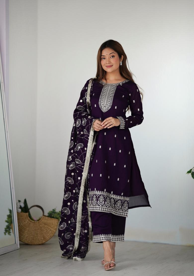 Purple Embroidered Silk Salwar Kameez