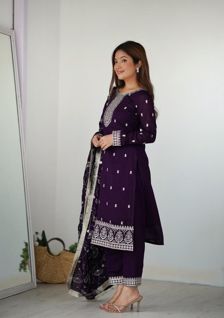 Purple Embroidered Silk Salwar Kameez