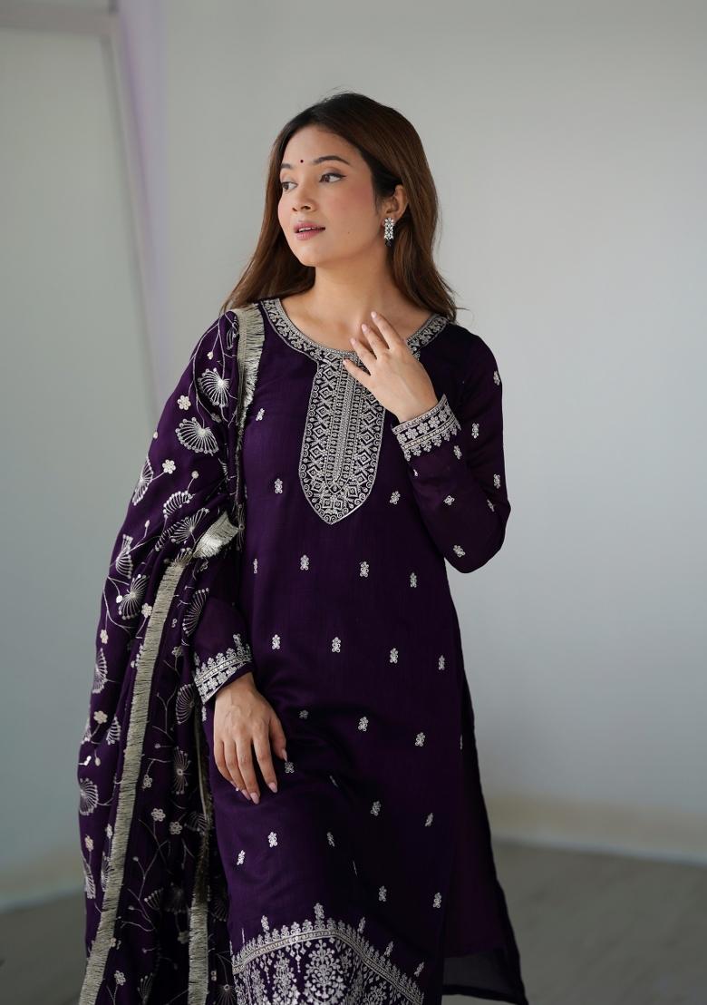 Purple Embroidered Silk Salwar Kameez