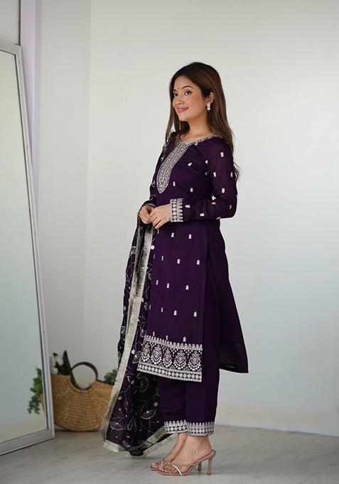 Purple Embroidered Silk Salwar Kameez