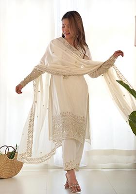 Off White Zari Embroidered Georgette Salwar Kameez