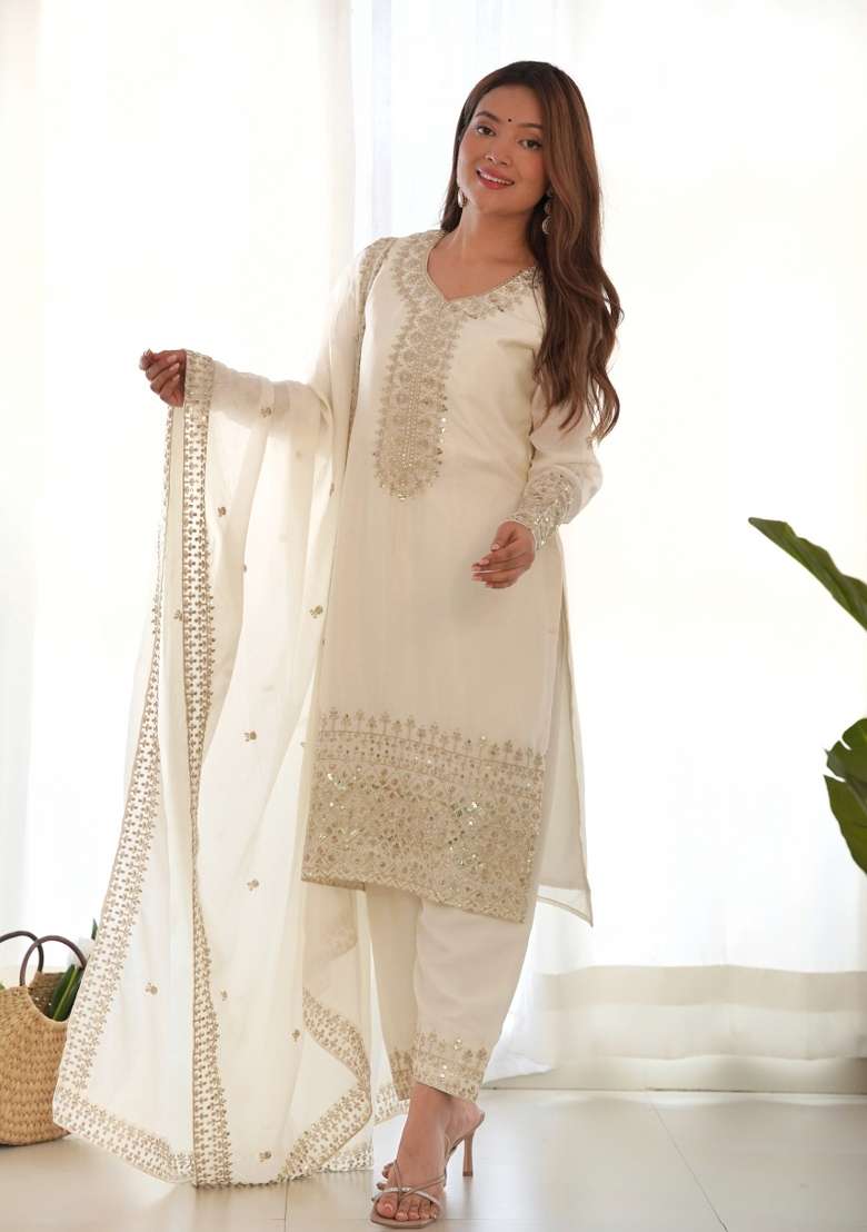 Off White Embroidered Georgette Straight Kurta Set - Indya