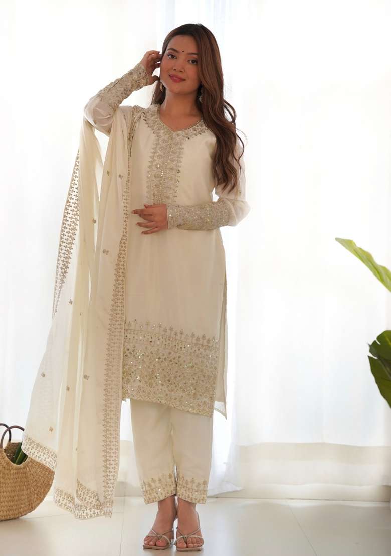 Off White Embroidered Georgette Straight Kurta Set - Indya