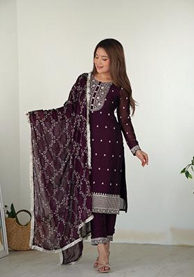Wine Zari Embroidered Georgette Salwar Kameez