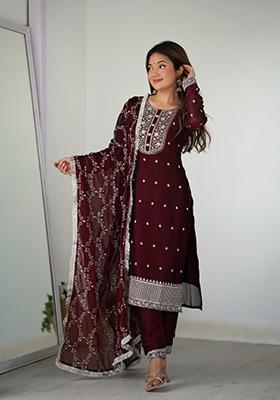 Maroon Zari Embroidered Georgette Salwar Kameez