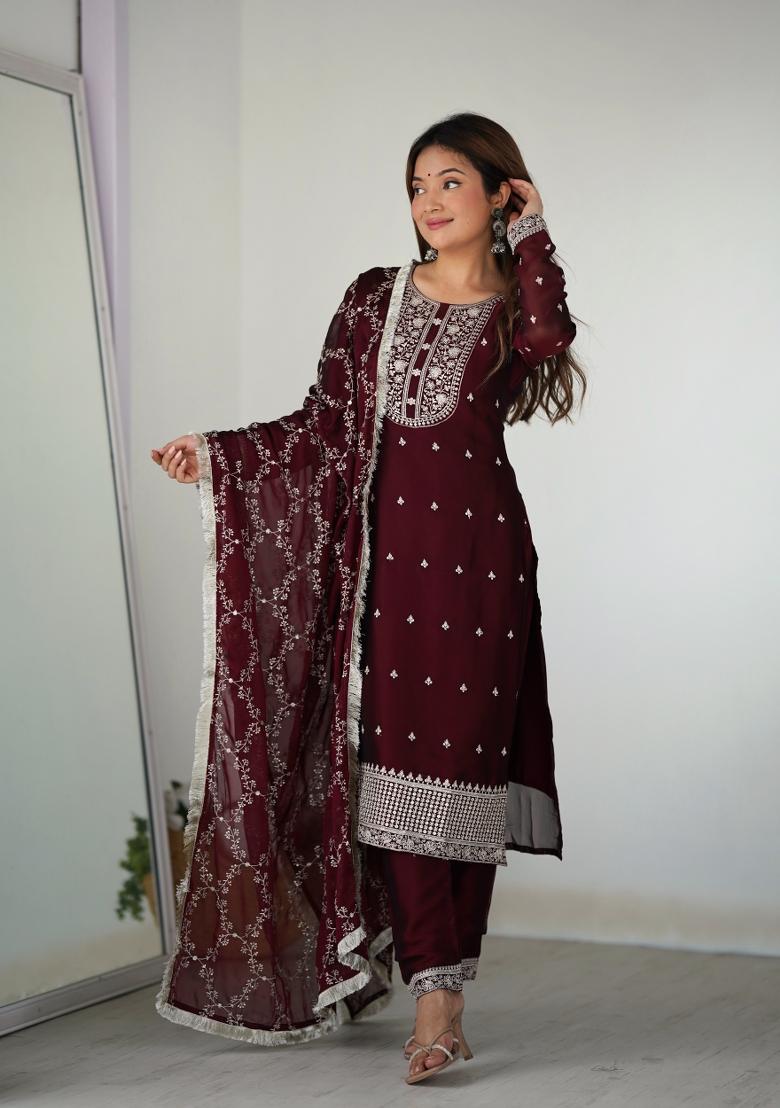 Maroon Zari Embroidered Georgette Salwar Kameez