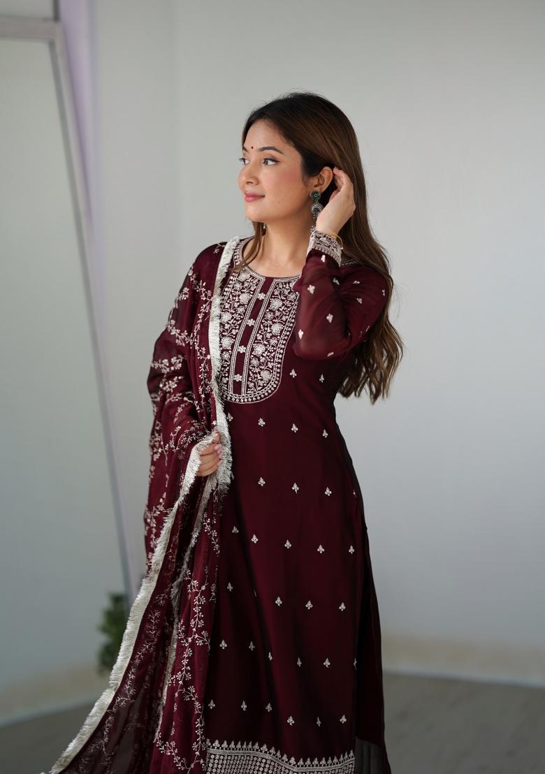 Maroon Zari Embroidered Georgette Salwar Kameez