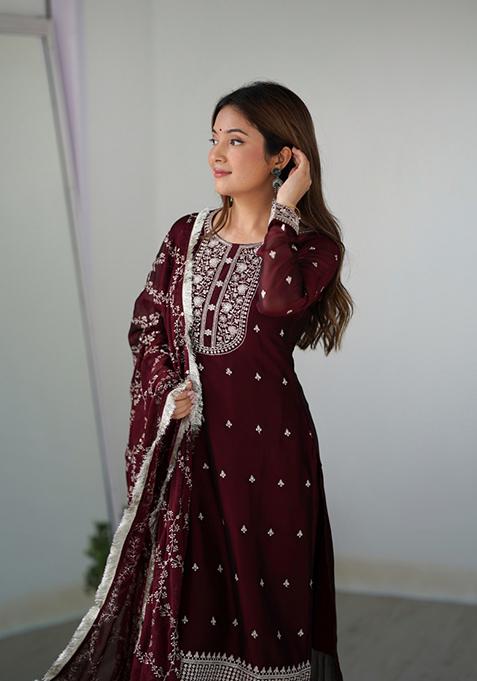 Maroon Zari Embroidered Georgette Salwar Kameez
