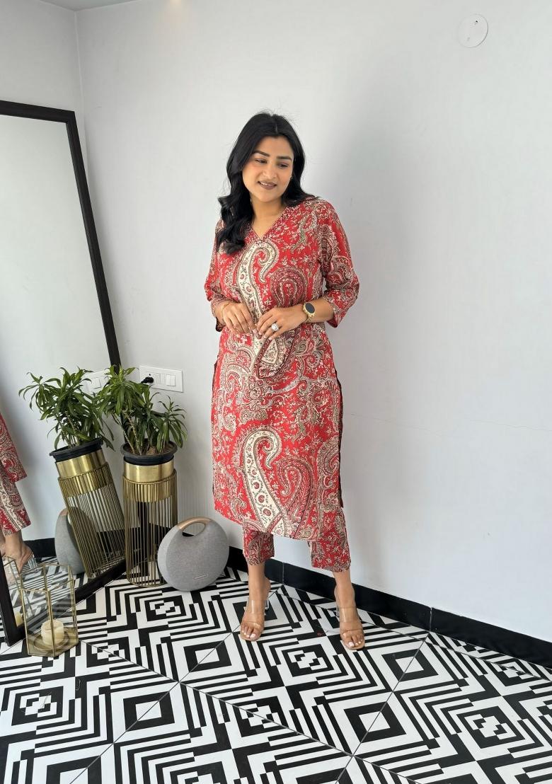 Red Printed Viscose Salwar Kameez