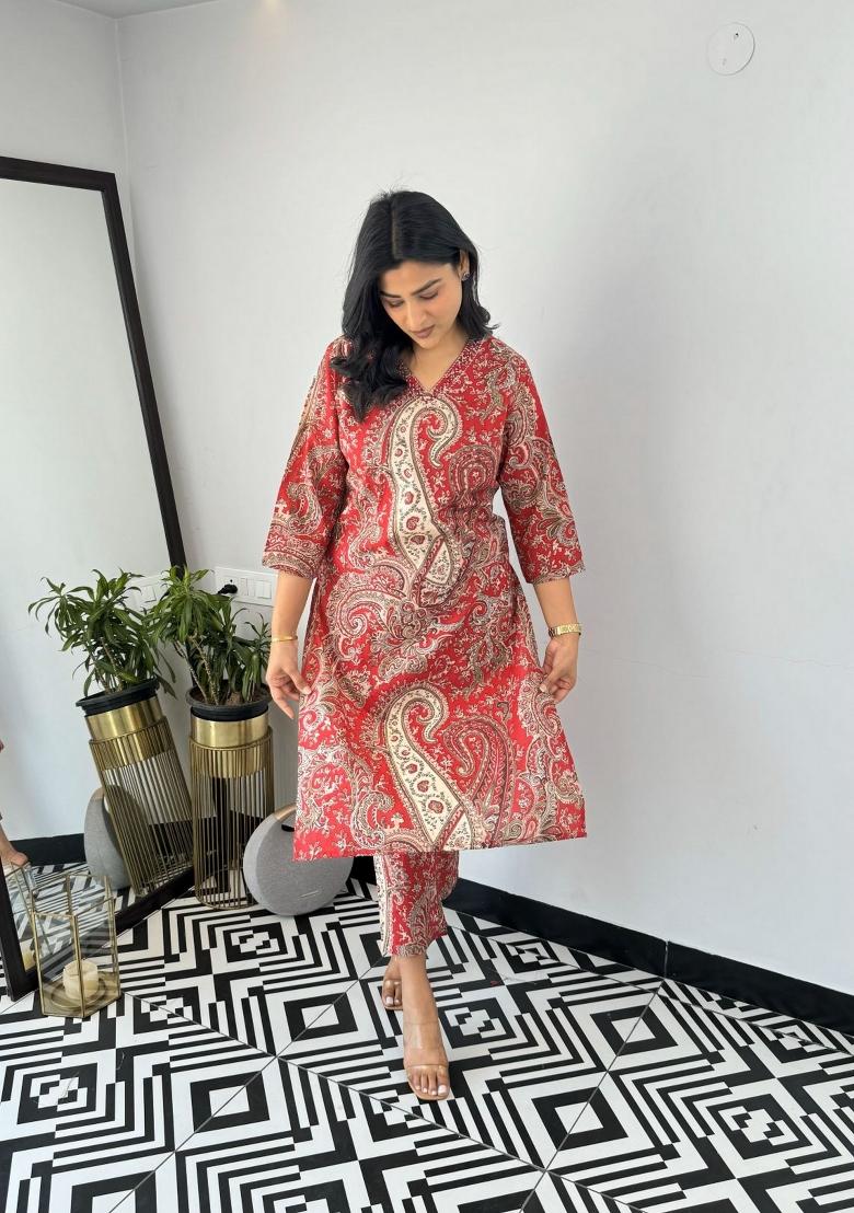 Red Printed Viscose Salwar Kameez