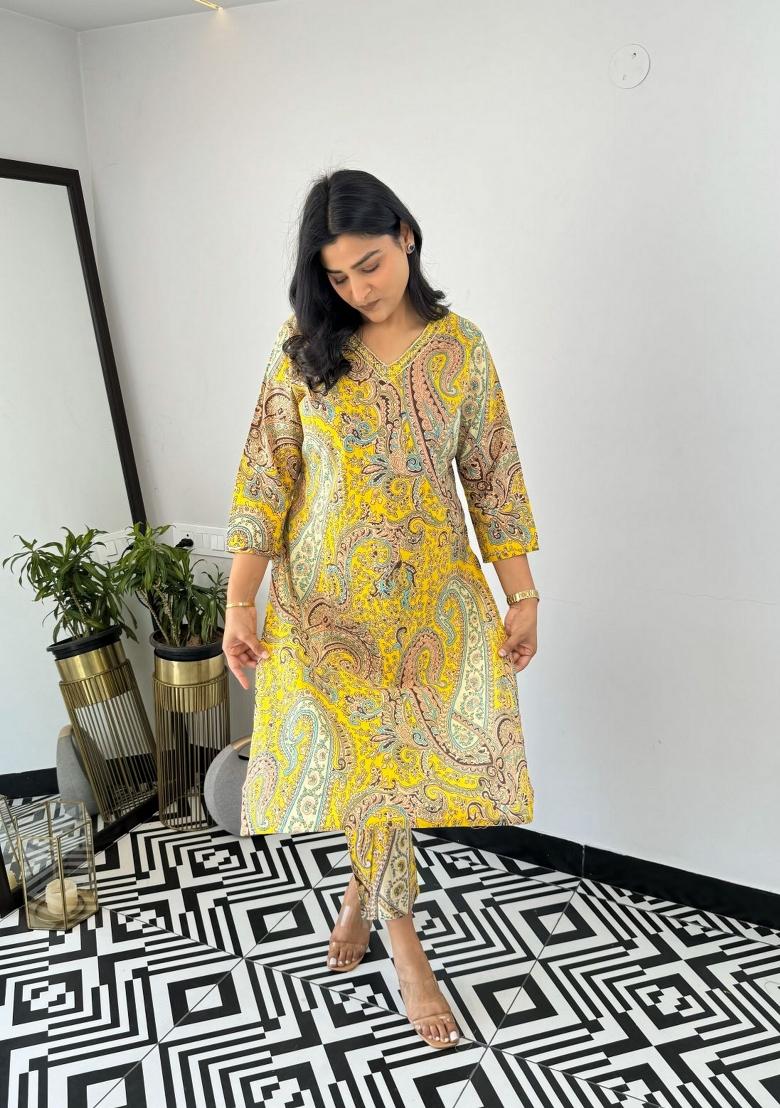 Yellow Printed Viscose Salwar Kameez