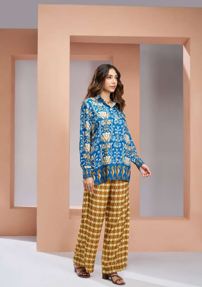 Blue Printed Silk Co Ord Set - Indya