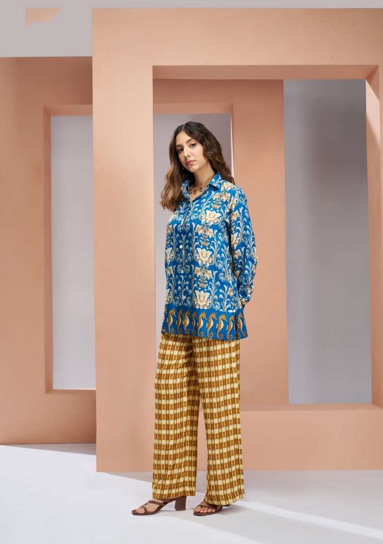 Blue Printed Silk Co Ord Set - Indya