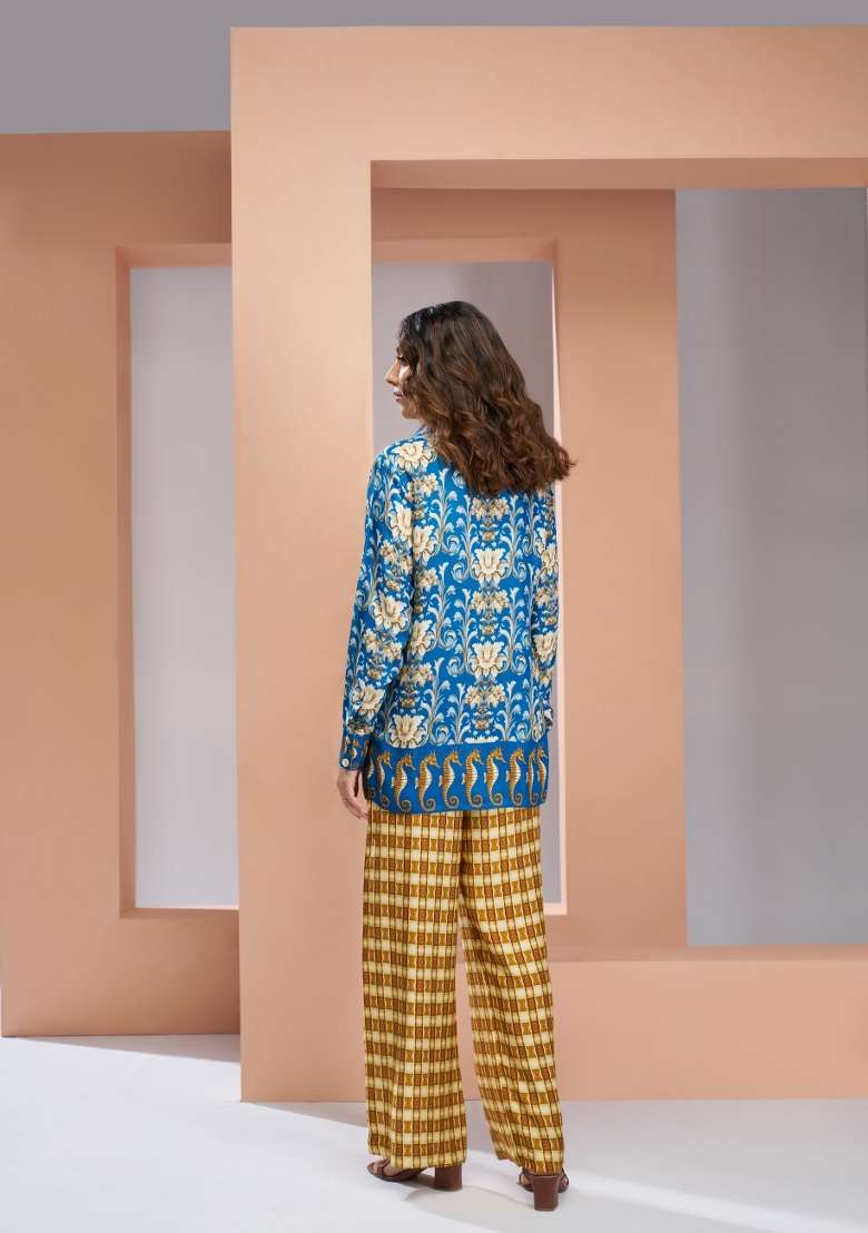 Blue Printed Silk Co Ord Set - Indya