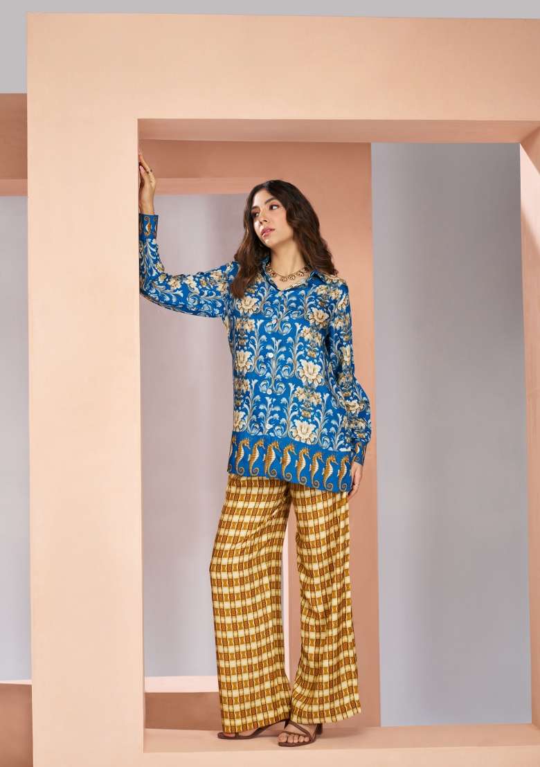 Blue Printed Silk Co Ord Set - Indya