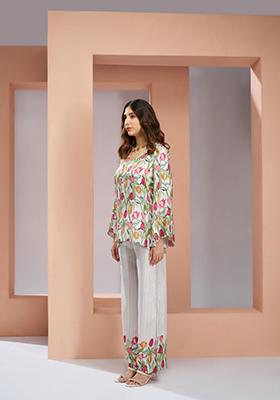 Off White Printed Art Silk Coord Set