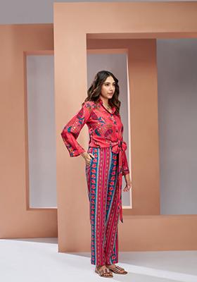 Coral Pink Printed Art Silk Coord Set
