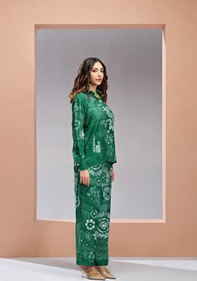 Dark Green Printed Art Silk Coord Set
