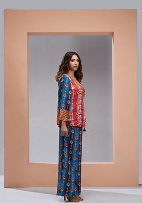 Navy Blue Printed Art Silk Coord Set