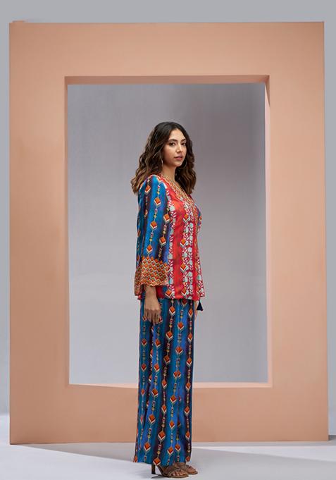 Navy Blue Printed Art Silk Coord Set