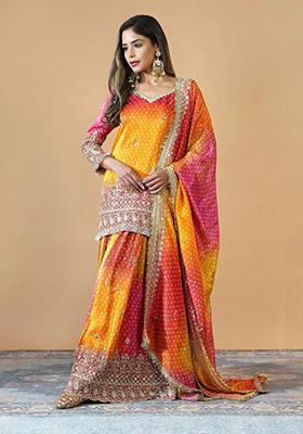 Yellow Embroidered Chinon Silk Sharara Set