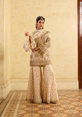 Cream Embroidered Chinon Silk Sharara Set